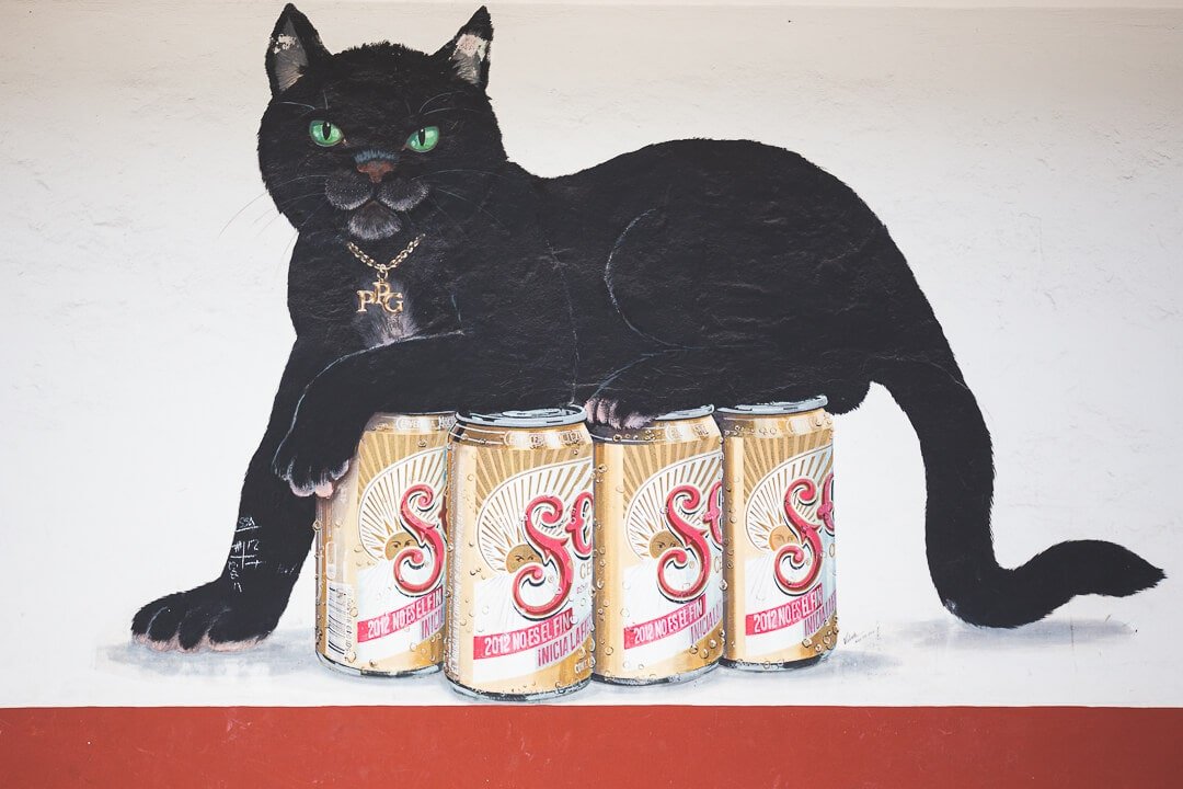 A painting of a black cat sitting on top of Sol beer cans outside of El Gato Negro cantina in Cozumel