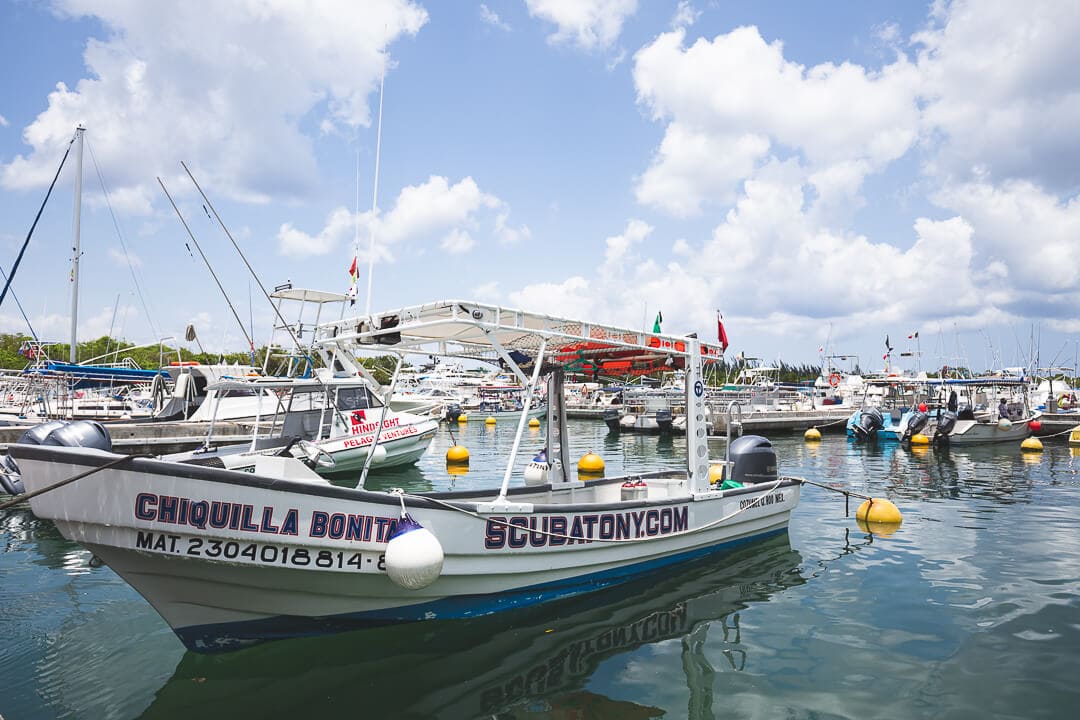 Scuba Tony Scuba Tony boat docked in the marina in Cozumel, Mexico.